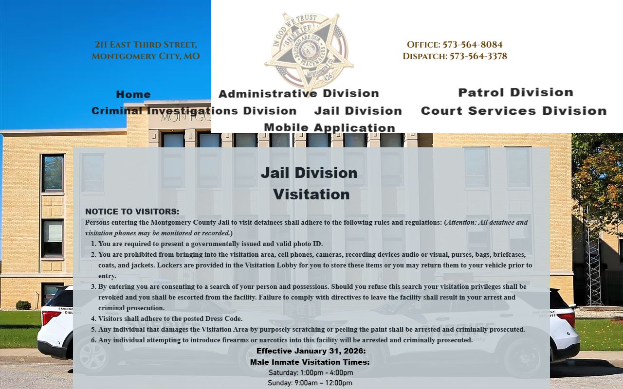 Montgomery County Jail inmate visitation schedule and video visit rules